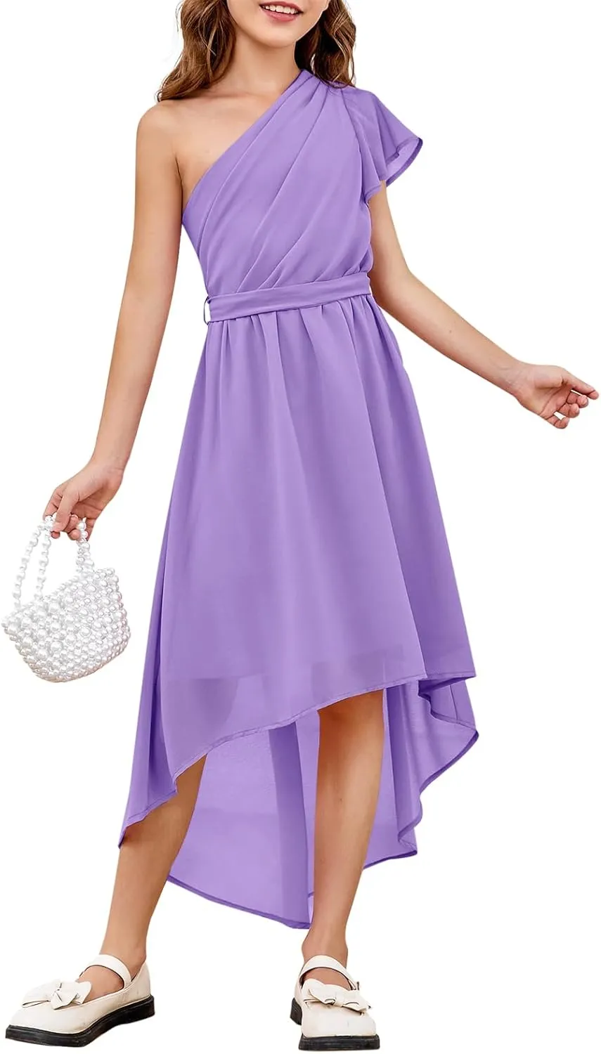 rrhss Flower Girls One Shoulder Ruffle Dresses Flowy A-line Twirl Sleeveless Dress Cute Wedding Prom Party Gowns