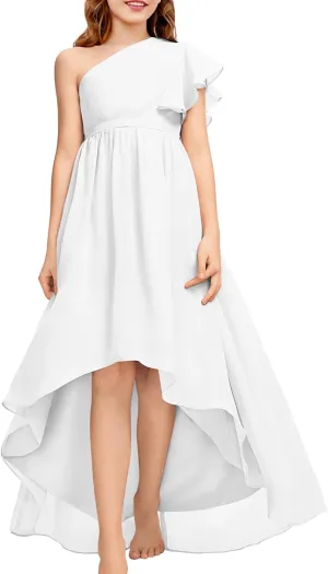rrhss Flower Girls One Shoulder Ruffle Dresses Flowy A-line Twirl Sleeveless Dress Cute Wedding Prom Party Gowns