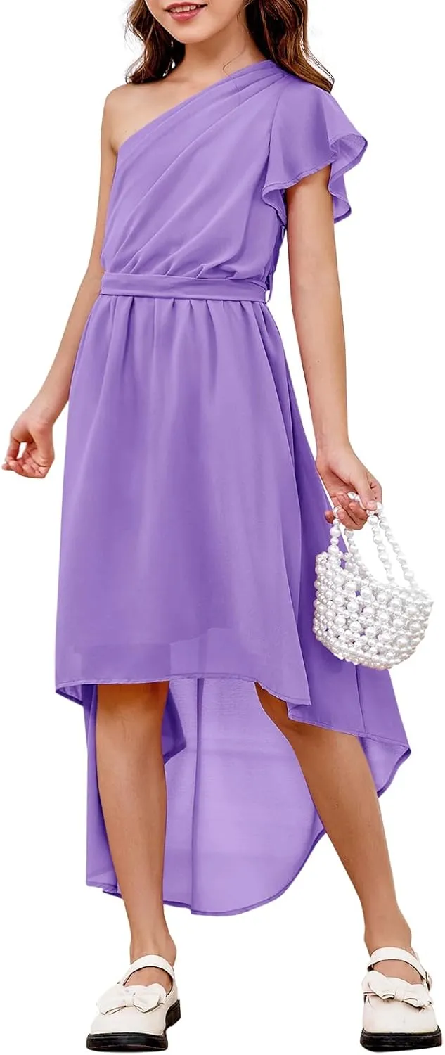rrhss Flower Girls One Shoulder Ruffle Dresses Flowy A-line Twirl Sleeveless Dress Cute Wedding Prom Party Gowns