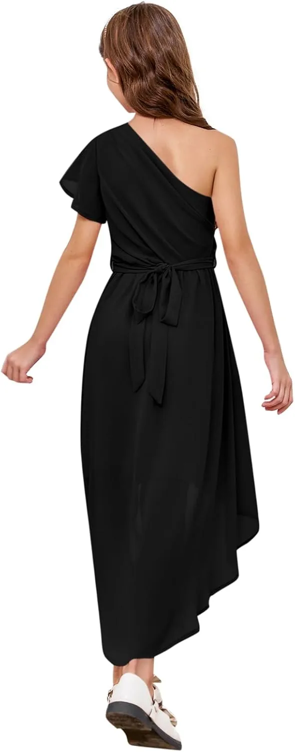 rrhss Flower Girls One Shoulder Ruffle Dresses Flowy A-line Twirl Sleeveless Dress Cute Wedding Prom Party Gowns