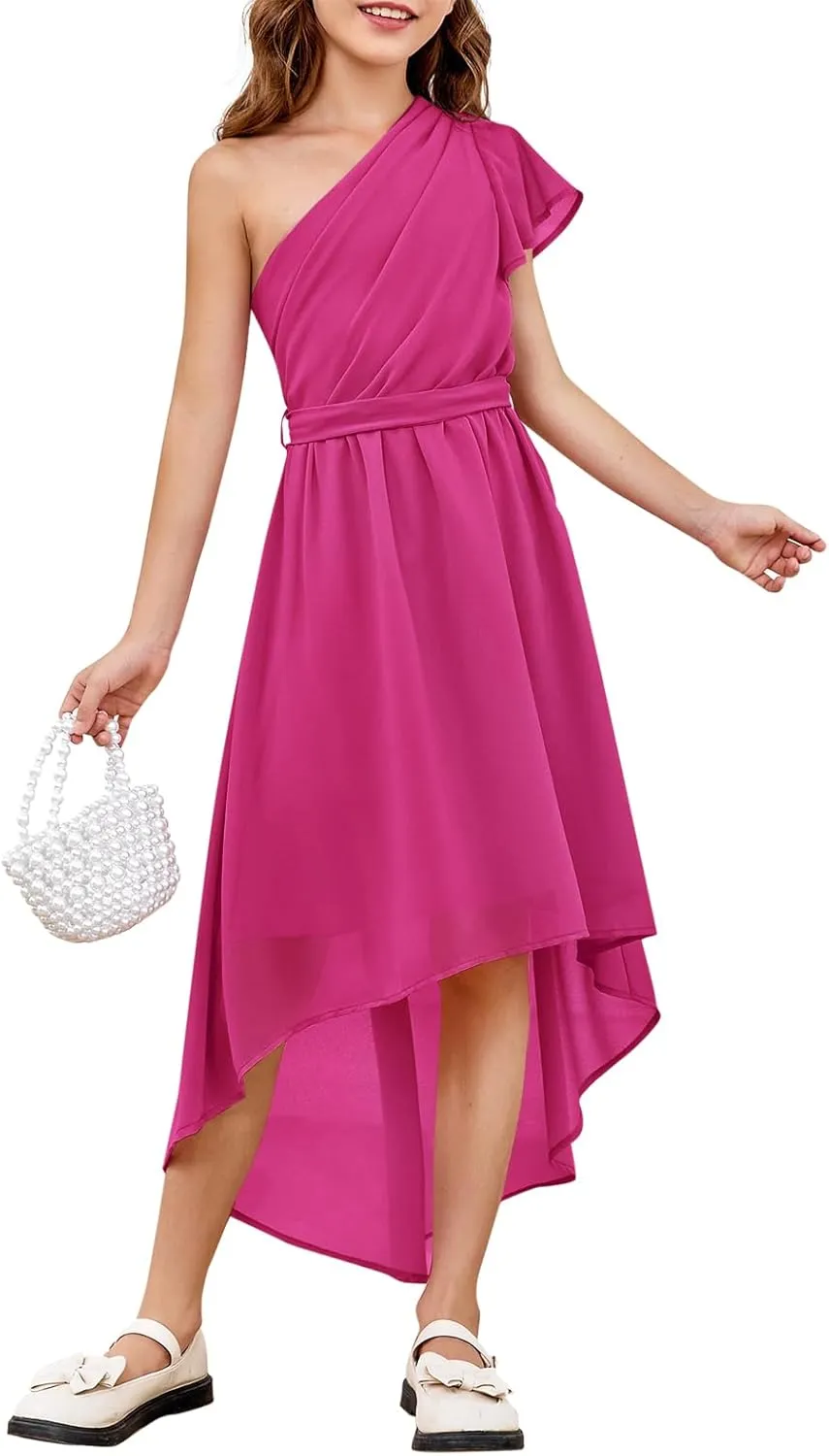rrhss Flower Girls One Shoulder Ruffle Dresses Flowy A-line Twirl Sleeveless Dress Cute Wedding Prom Party Gowns