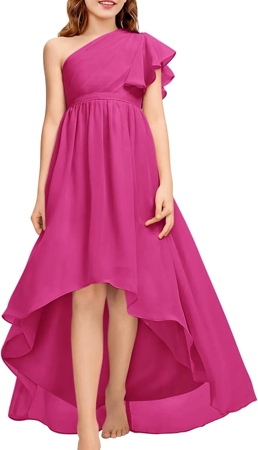 rrhss Flower Girls One Shoulder Ruffle Dresses Flowy A-line Twirl Sleeveless Dress Cute Wedding Prom Party Gowns