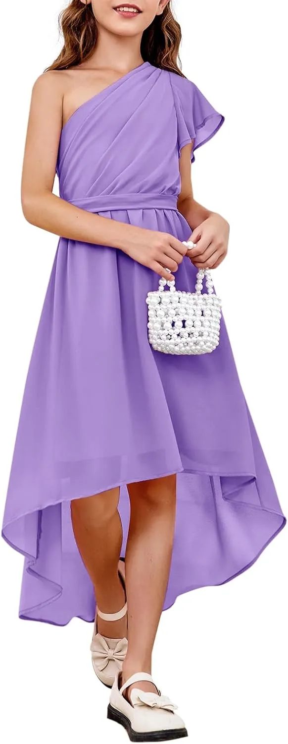 rrhss Flower Girls One Shoulder Ruffle Dresses Flowy A-line Twirl Sleeveless Dress Cute Wedding Prom Party Gowns