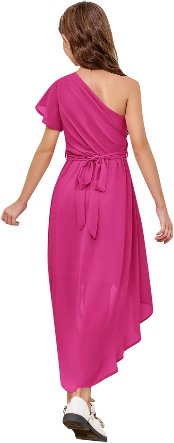 rrhss Flower Girls One Shoulder Ruffle Dresses Flowy A-line Twirl Sleeveless Dress Cute Wedding Prom Party Gowns