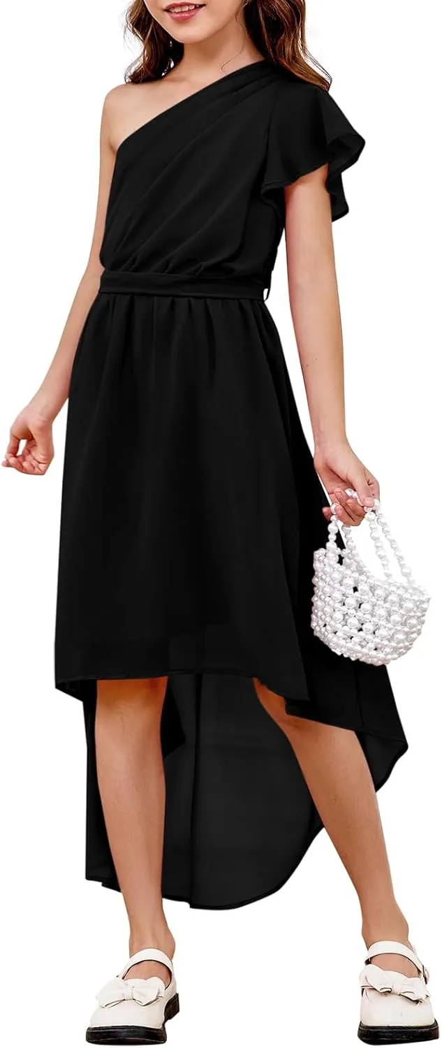 rrhss Flower Girls One Shoulder Ruffle Dresses Flowy A-line Twirl Sleeveless Dress Cute Wedding Prom Party Gowns