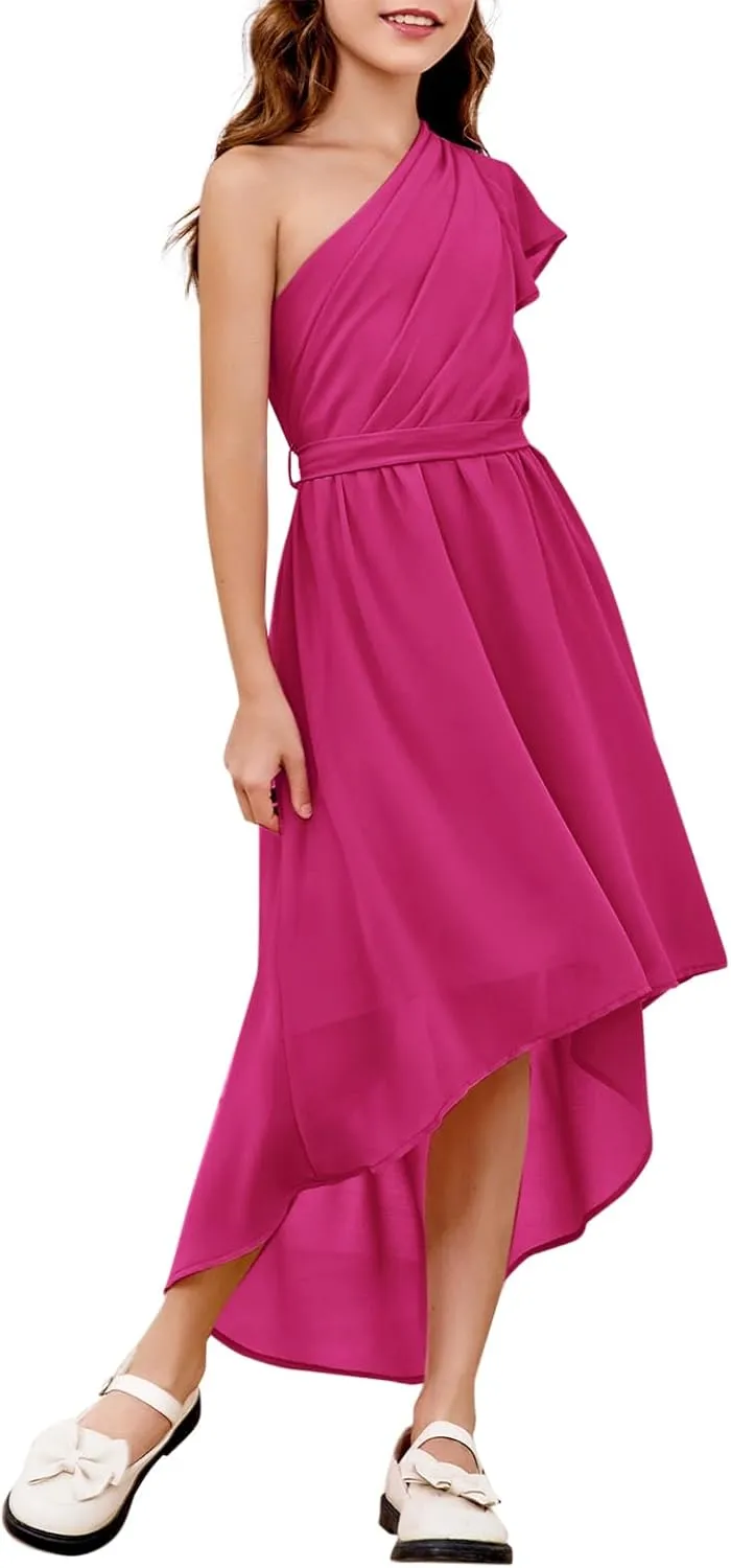 rrhss Flower Girls One Shoulder Ruffle Dresses Flowy A-line Twirl Sleeveless Dress Cute Wedding Prom Party Gowns
