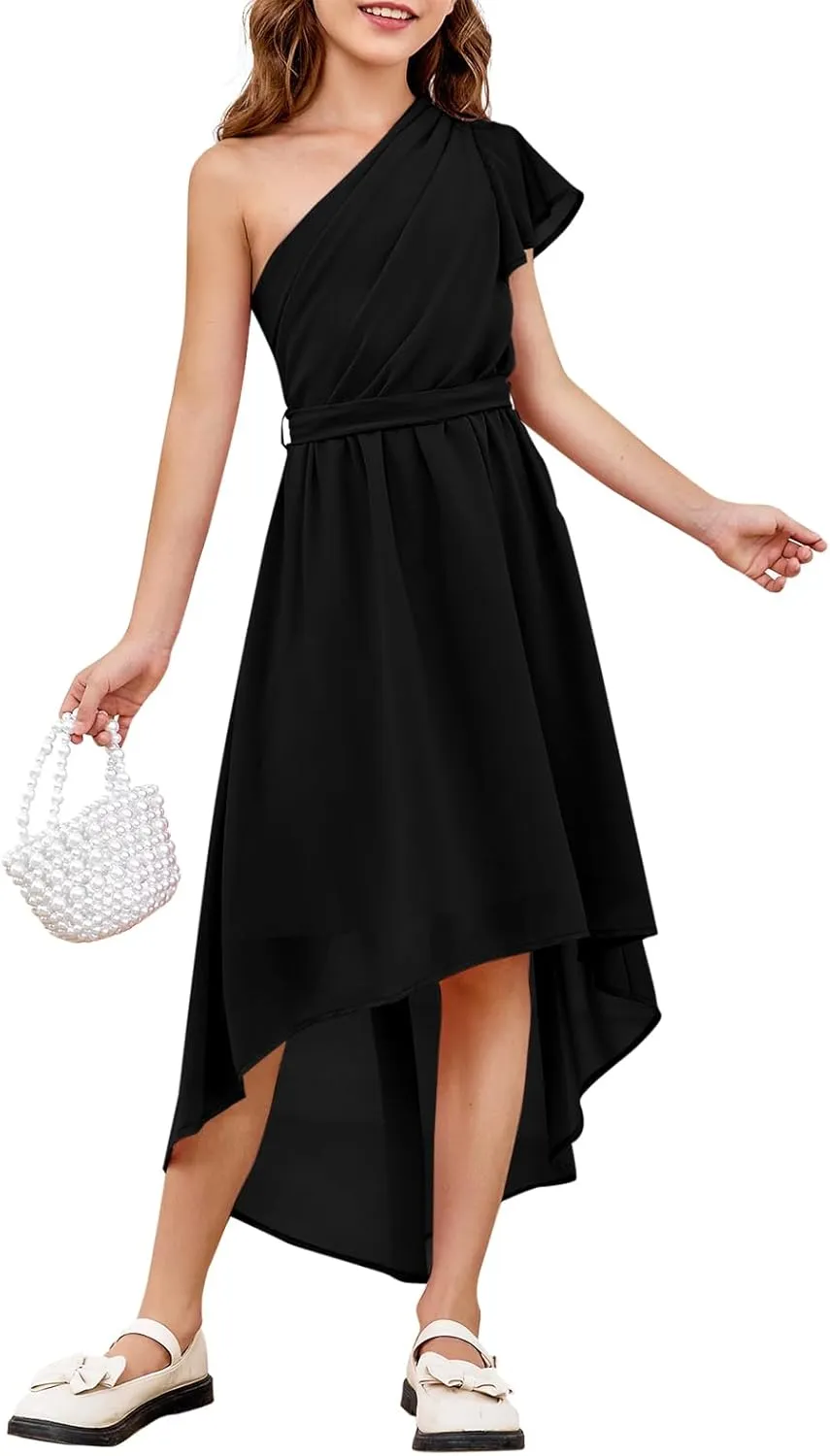 rrhss Flower Girls One Shoulder Ruffle Dresses Flowy A-line Twirl Sleeveless Dress Cute Wedding Prom Party Gowns