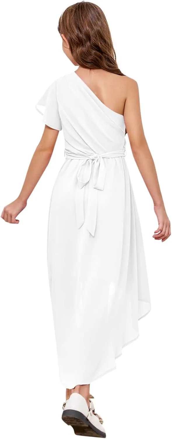 rrhss Flower Girls One Shoulder Ruffle Dresses Flowy A-line Twirl Sleeveless Dress Cute Wedding Prom Party Gowns