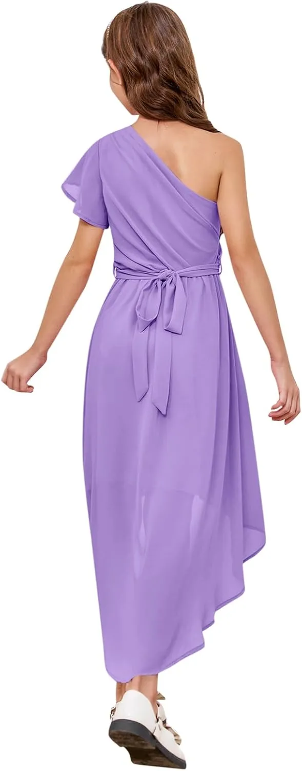 rrhss Flower Girls One Shoulder Ruffle Dresses Flowy A-line Twirl Sleeveless Dress Cute Wedding Prom Party Gowns