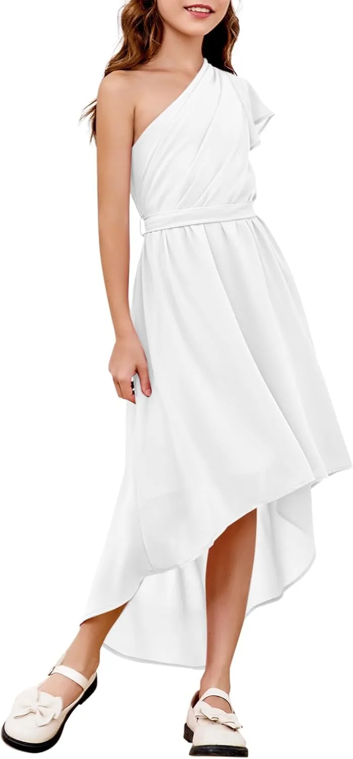 rrhss Flower Girls One Shoulder Ruffle Dresses Flowy A-line Twirl Sleeveless Dress Cute Wedding Prom Party Gowns