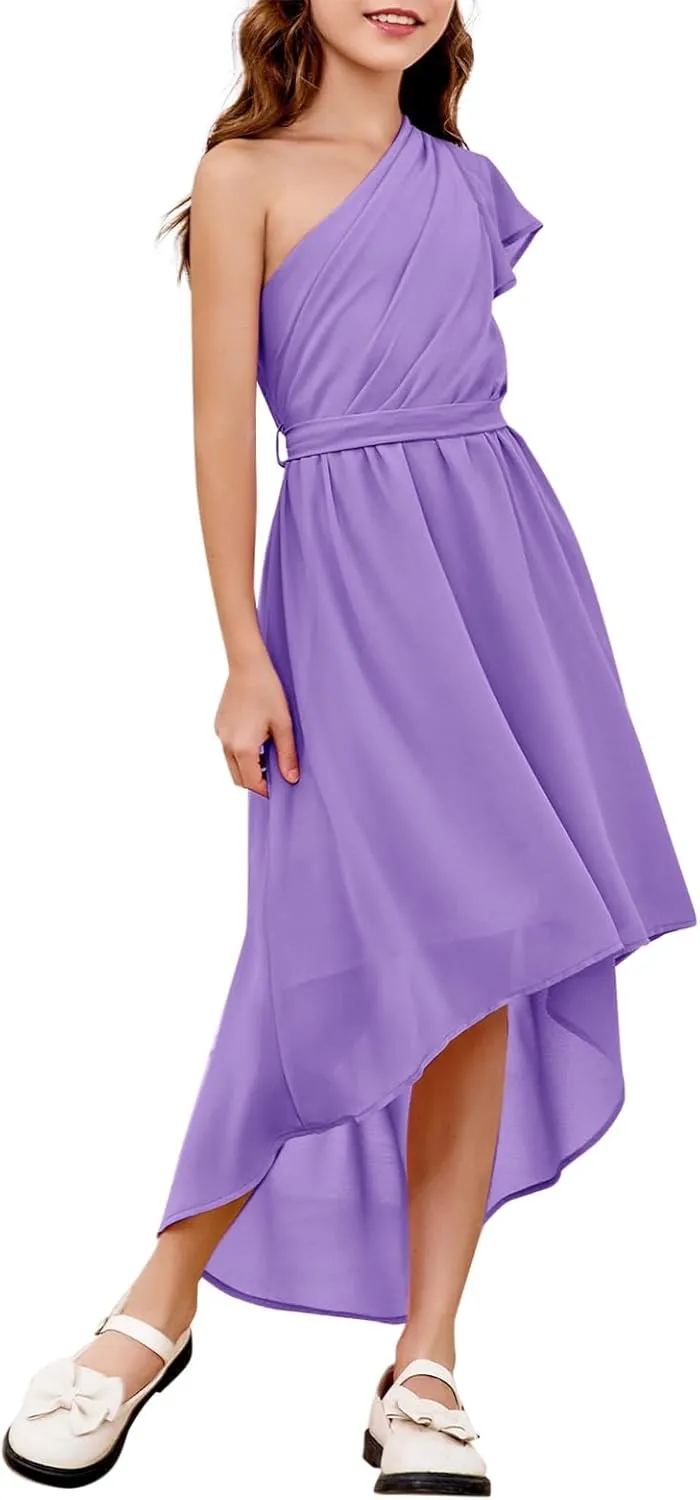 rrhss Flower Girls One Shoulder Ruffle Dresses Flowy A-line Twirl Sleeveless Dress Cute Wedding Prom Party Gowns