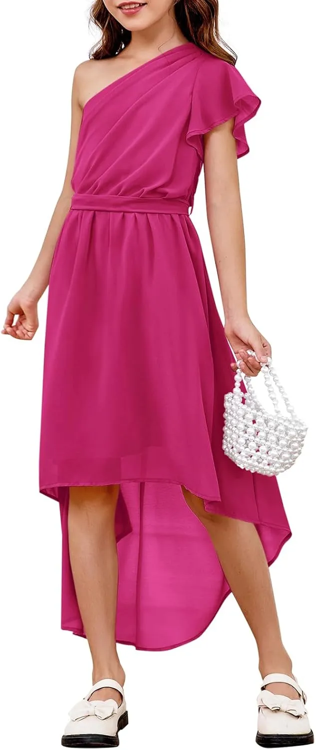 rrhss Flower Girls One Shoulder Ruffle Dresses Flowy A-line Twirl Sleeveless Dress Cute Wedding Prom Party Gowns