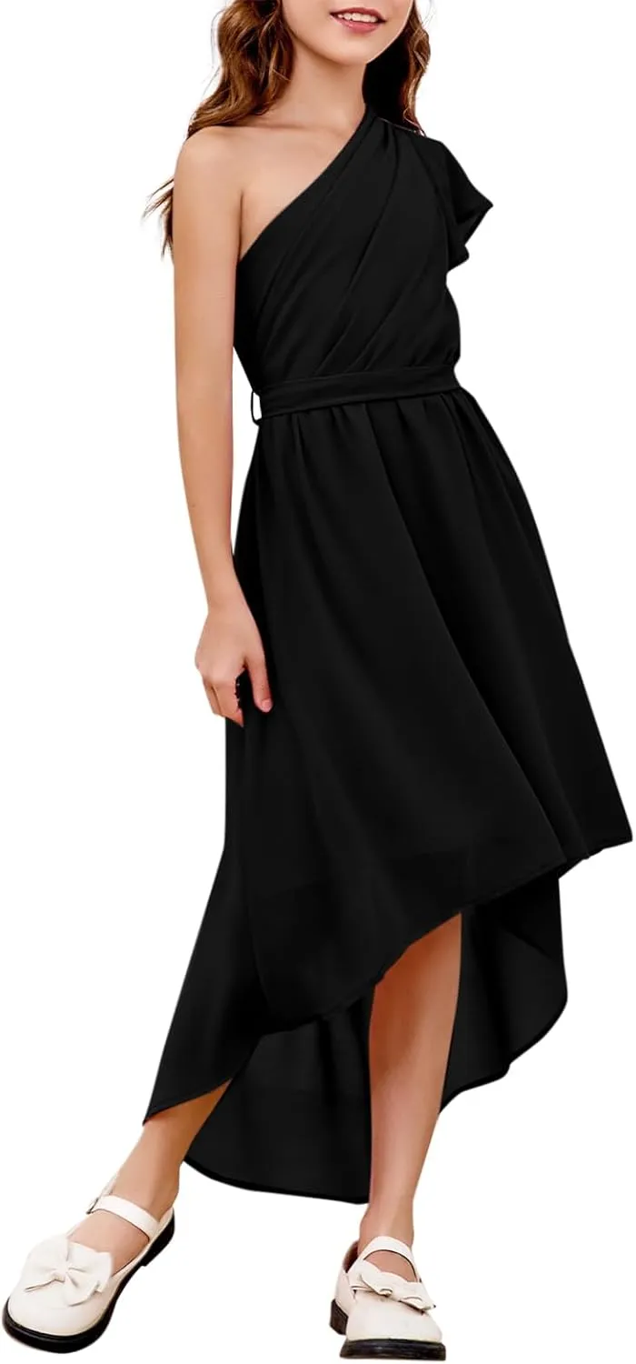 rrhss Flower Girls One Shoulder Ruffle Dresses Flowy A-line Twirl Sleeveless Dress Cute Wedding Prom Party Gowns
