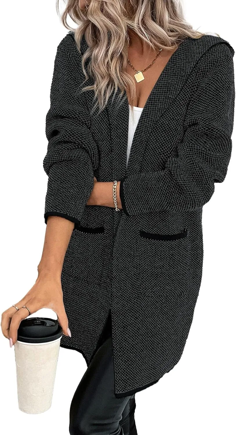 Sidefeel Women's 2025 Fall Long Sleeve Open Front Contrast Cardigan Sweaters Oversized Chunky Knit Hooded Sweaters Coat