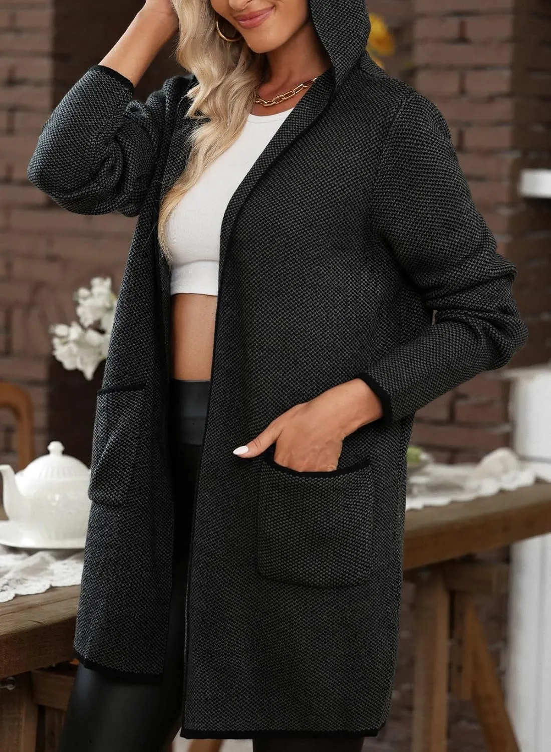 Sidefeel Women's 2025 Fall Long Sleeve Open Front Contrast Cardigan Sweaters Oversized Chunky Knit Hooded Sweaters Coat