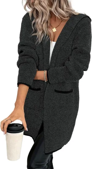 Sidefeel Women's 2025 Fall Long Sleeve Open Front Contrast Cardigan Sweaters Oversized Chunky Knit Hooded Sweaters Coat