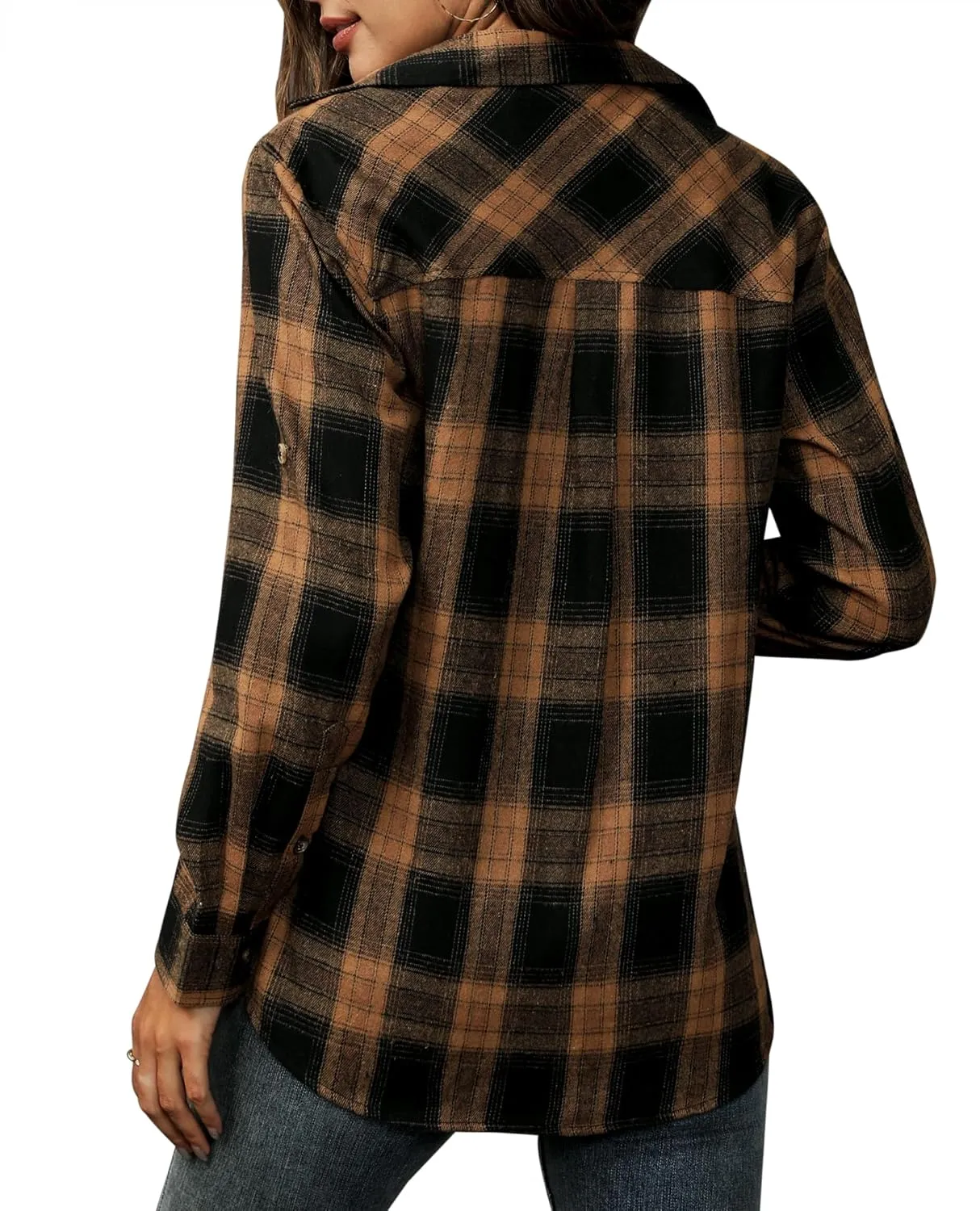 siliteelon Flannel Shirt Women Plaid Shirts Button Down Long Sleeve Oversized Cotton Boyfriend Casual Roll Up Blouse Tops