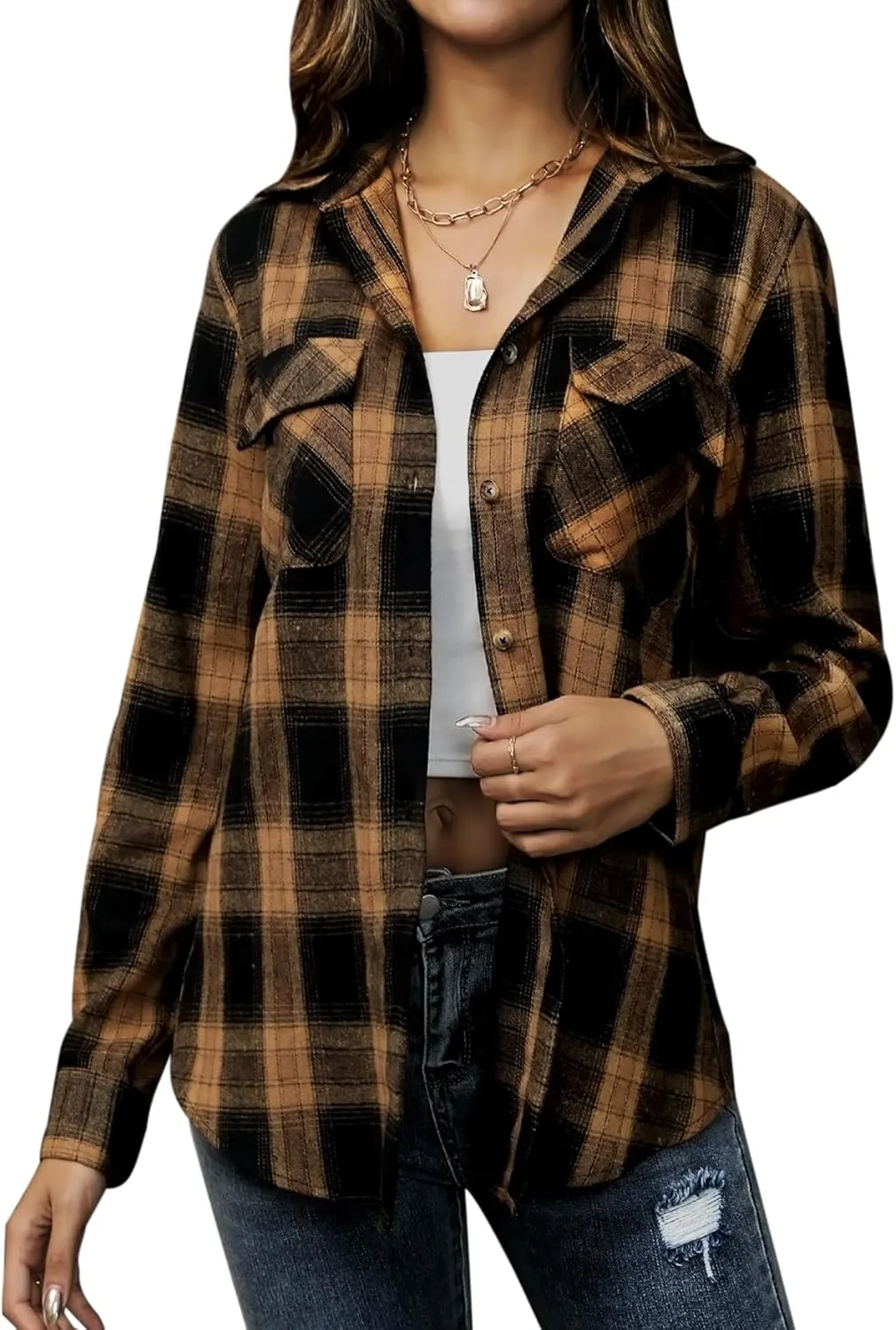siliteelon Flannel Shirt Women Plaid Shirts Button Down Long Sleeve Oversized Cotton Boyfriend Casual Roll Up Blouse Tops