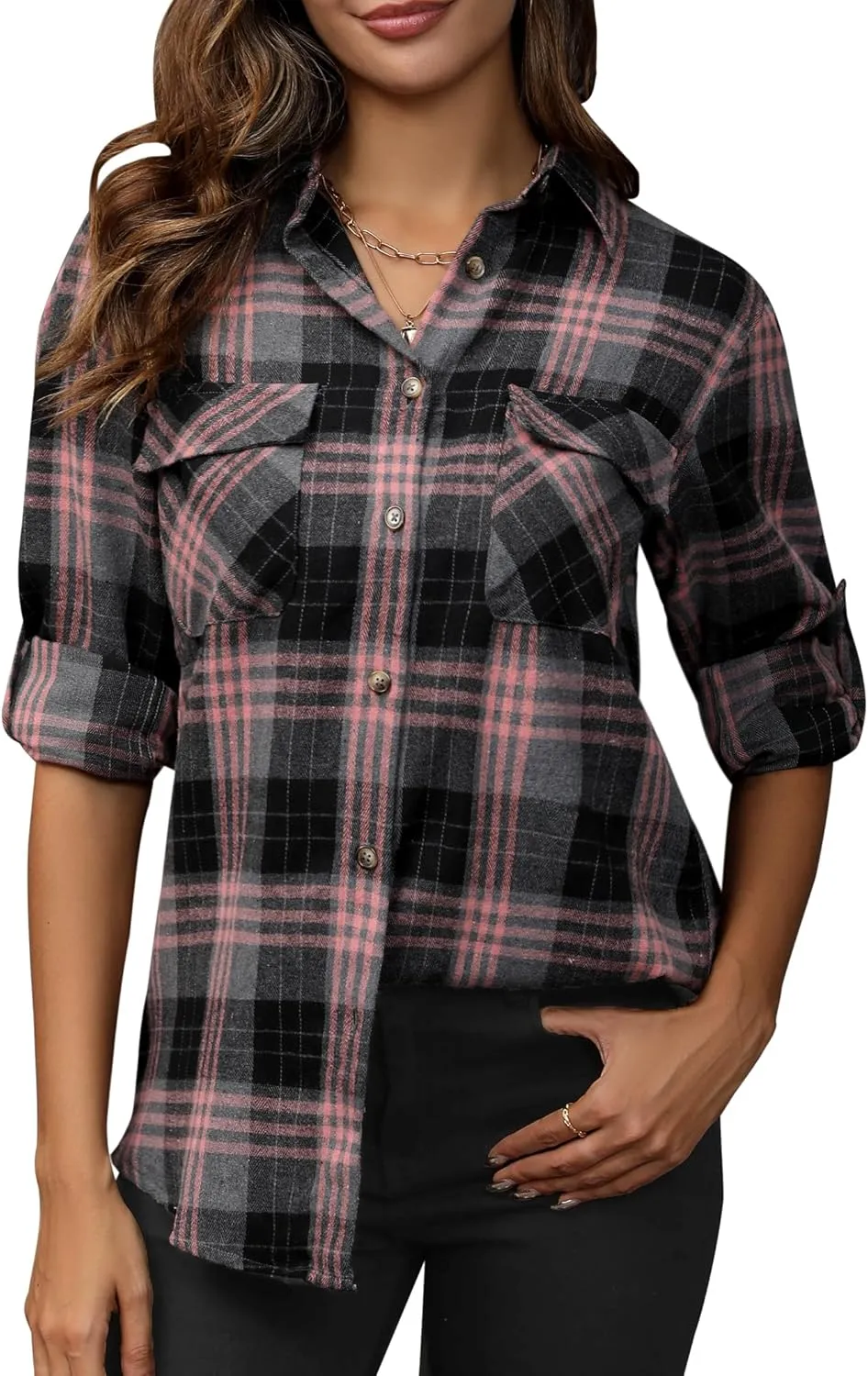 siliteelon Flannel Shirt Women Plaid Shirts Button Down Long Sleeve Oversized Cotton Boyfriend Casual Roll Up Blouse Tops