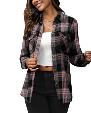 siliteelon Flannel Shirt Women Plaid Shirts Button Down Long Sleeve Oversized Cotton Boyfriend Casual Roll Up Blouse Tops