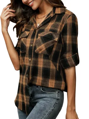 siliteelon Flannel Shirt Women Plaid Shirts Button Down Long Sleeve Oversized Cotton Boyfriend Casual Roll Up Blouse Tops