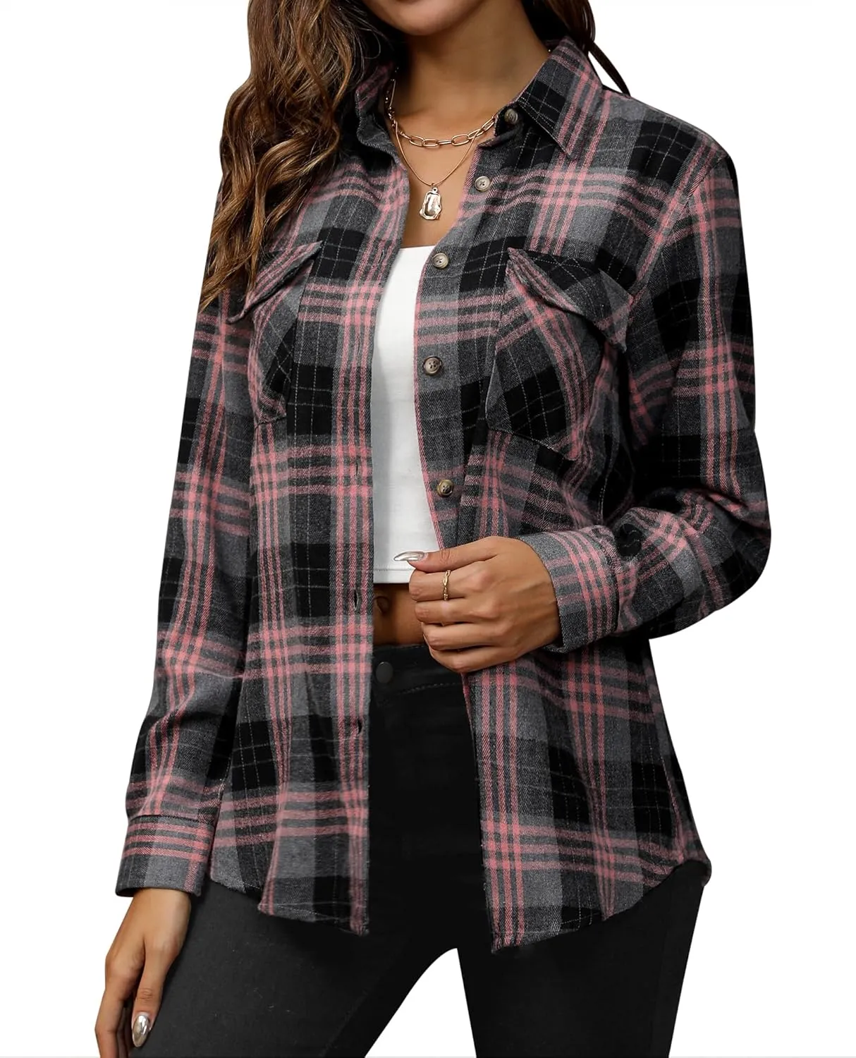 siliteelon Flannel Shirt Women Plaid Shirts Button Down Long Sleeve Oversized Cotton Boyfriend Casual Roll Up Blouse Tops