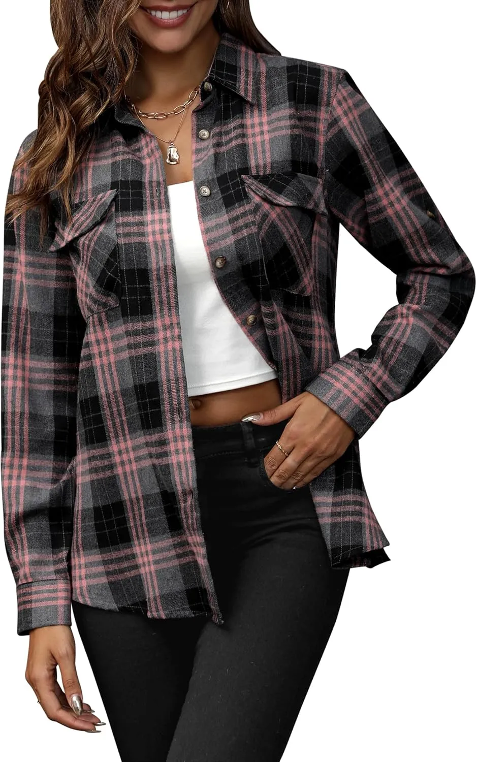 siliteelon Flannel Shirt Women Plaid Shirts Button Down Long Sleeve Oversized Cotton Boyfriend Casual Roll Up Blouse Tops