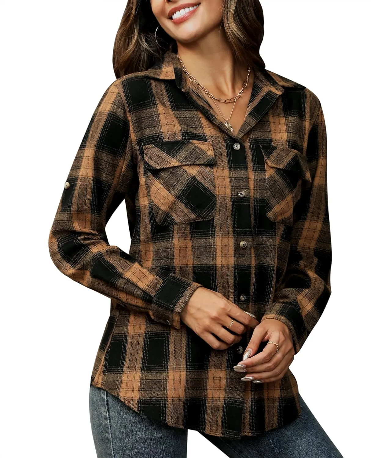 siliteelon Flannel Shirt Women Plaid Shirts Button Down Long Sleeve Oversized Cotton Boyfriend Casual Roll Up Blouse Tops