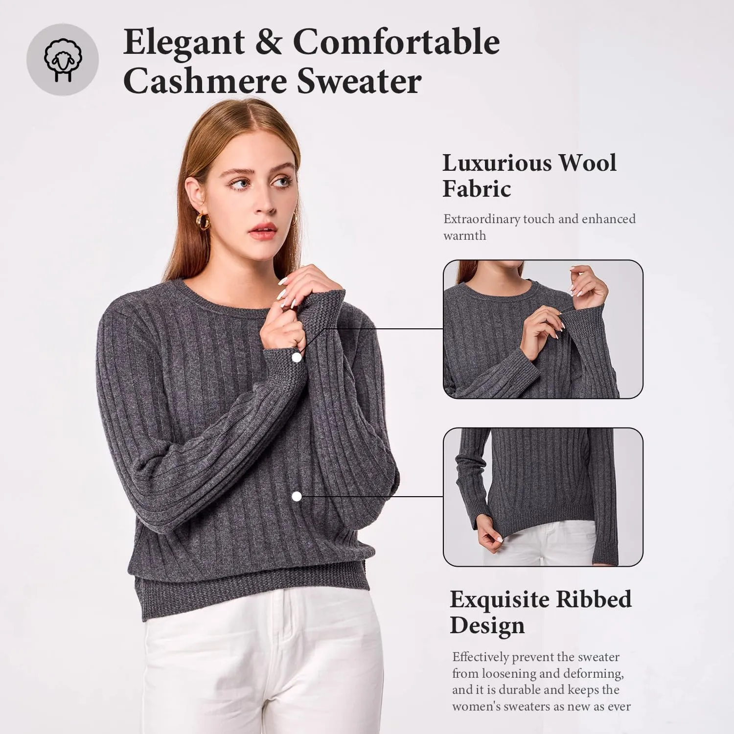 Simple&Opulence Women's Long Sleeve Cashmere Sweaters Cable Knit Crewneck Pullover Sweaters Tops Breathable and Comfortable