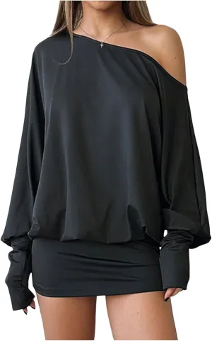 SOLY HUX Women's Long Sleeve Off The Shoulder Dress Y2k Mini Dress Streetwear Music Festival Outfits