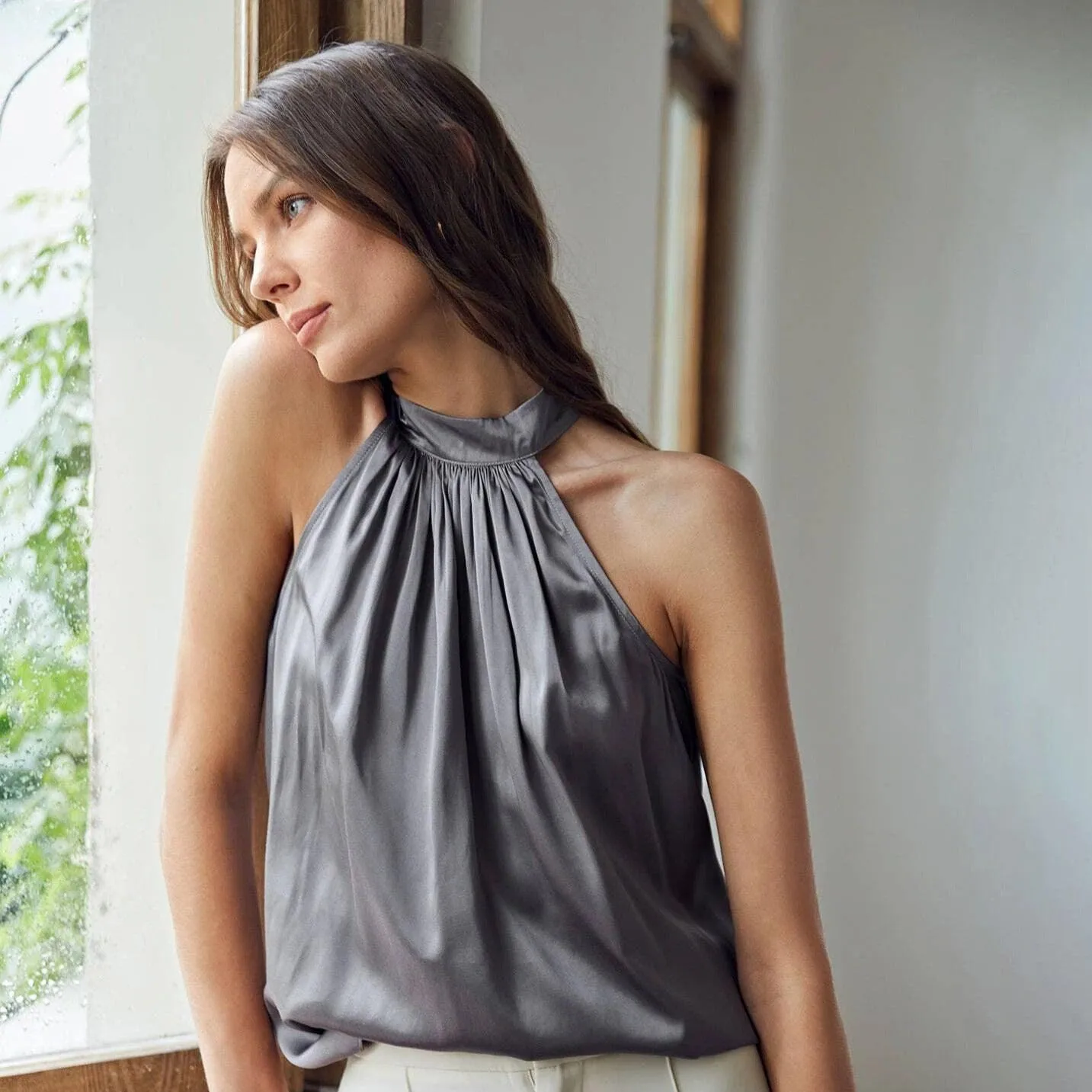 Summer Chic Ladies Sleeveless Silk Blouse 100% Mulberry Silk Halter Top Silk Shirt