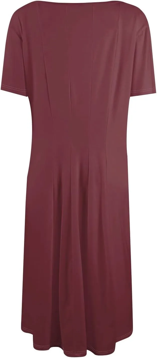Summer Dresses for Women 2025 Midi Short Sleeve Round Neck Dresses Elegant Pleated with Side Pocket A Line Dress