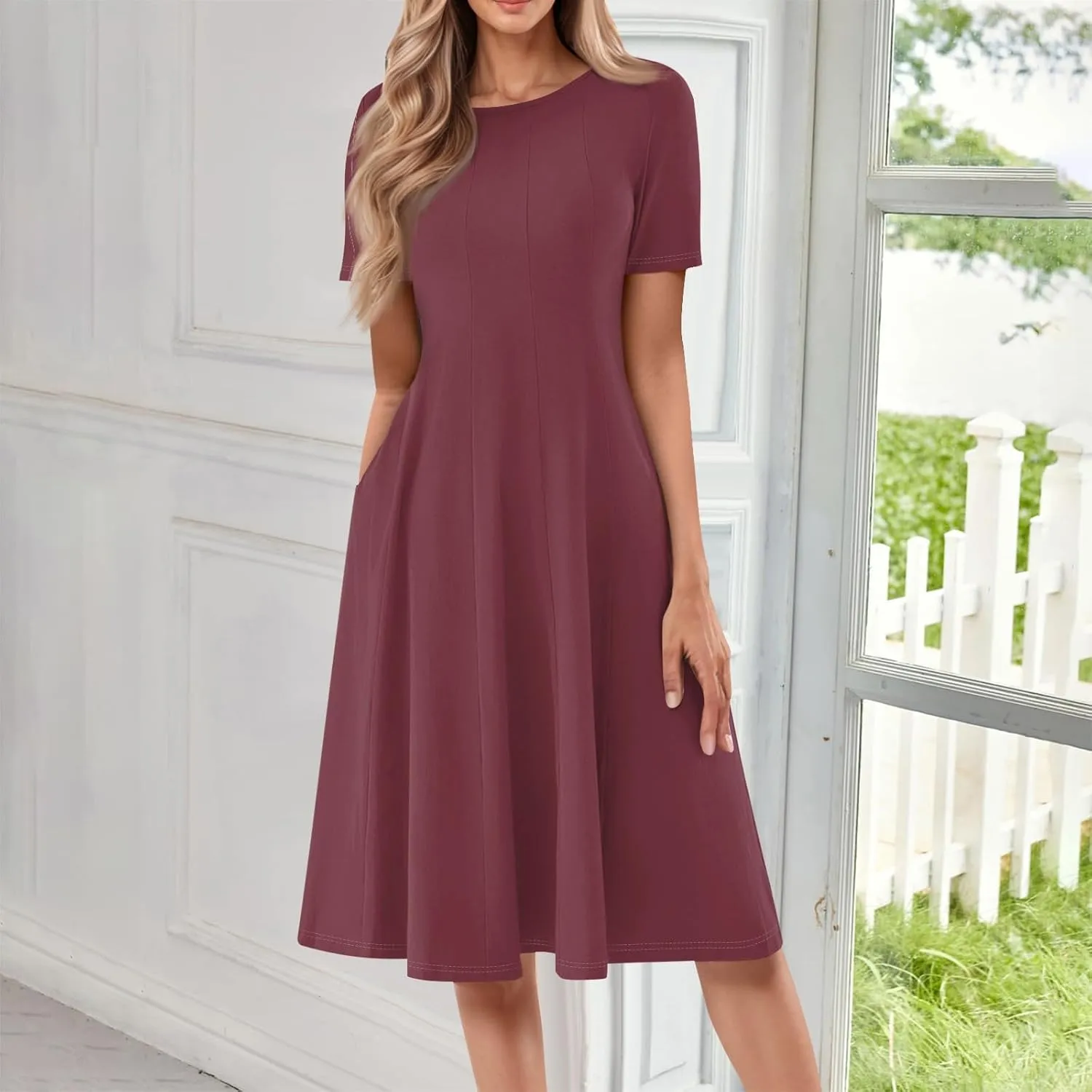 Summer Dresses for Women 2025 Midi Short Sleeve Round Neck Dresses Elegant Pleated with Side Pocket A Line Dress