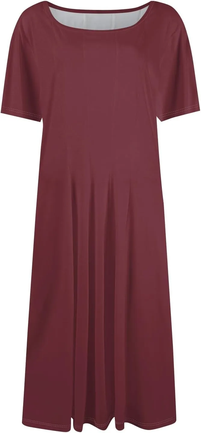Summer Dresses for Women 2025 Midi Short Sleeve Round Neck Dresses Elegant Pleated with Side Pocket A Line Dress