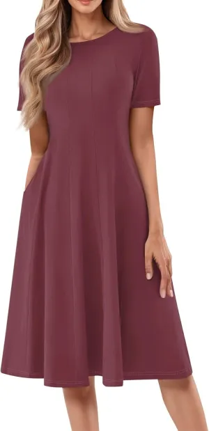 Summer Dresses for Women 2025 Midi Short Sleeve Round Neck Dresses Elegant Pleated with Side Pocket A Line Dress