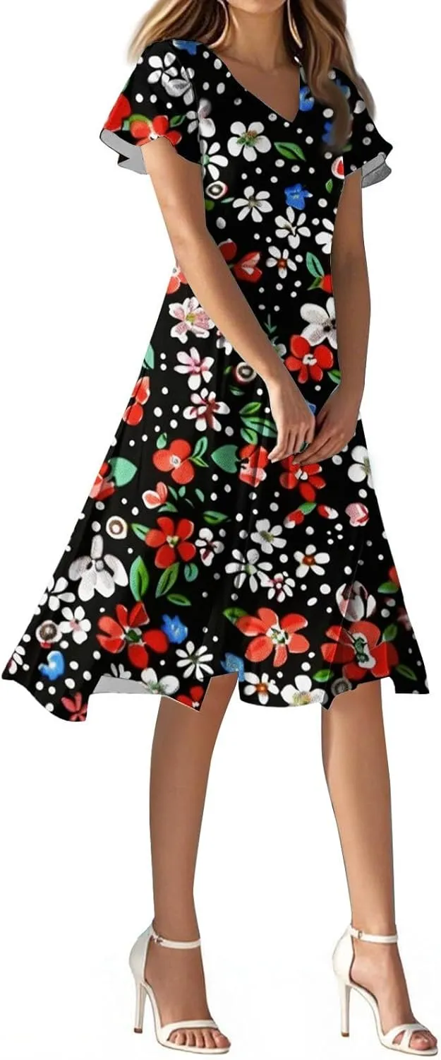 Summer Wedding Dresses for Women 2025 Casual Flowy Elegant Dress Ruffle Short Sleeve Floral Dresses Midi Chiffon Dress