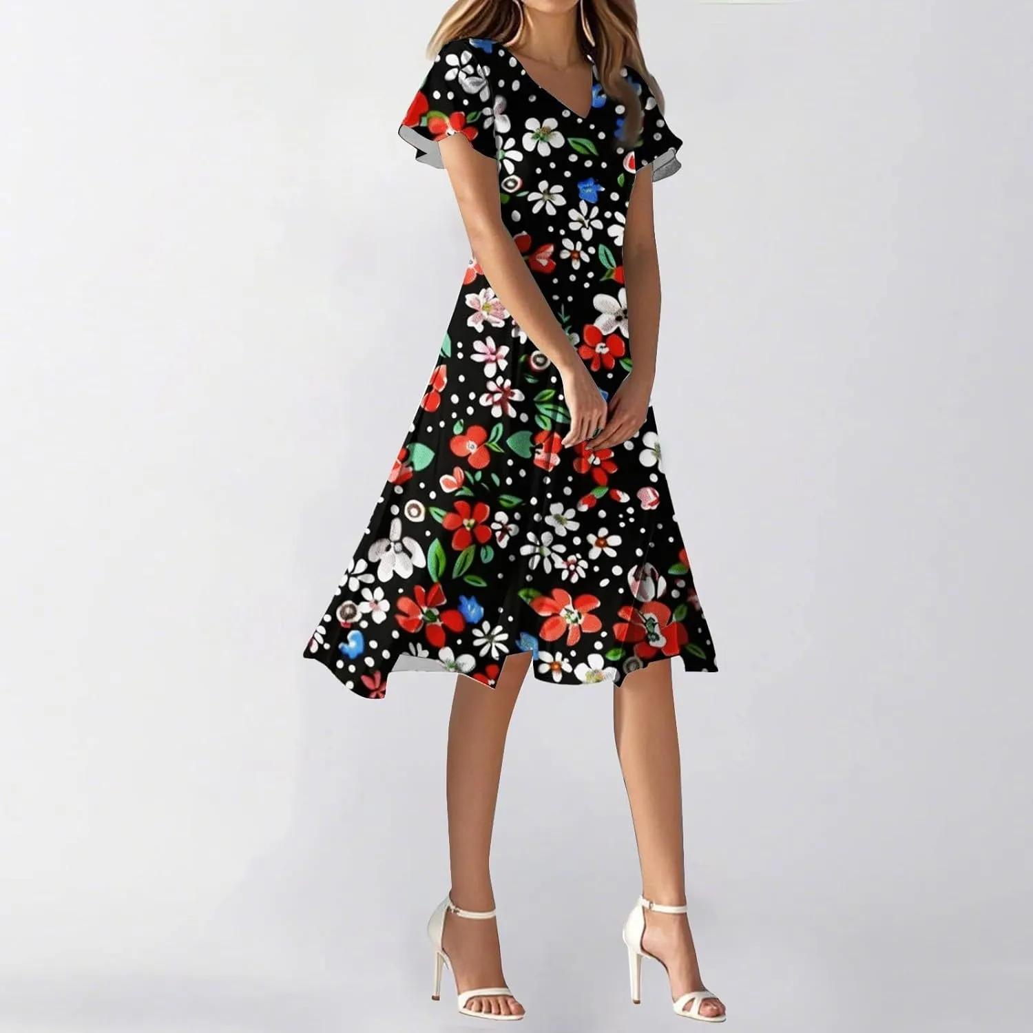 Summer Wedding Dresses for Women 2025 Casual Flowy Elegant Dress Ruffle Short Sleeve Floral Dresses Midi Chiffon Dress