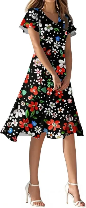 Summer Wedding Dresses for Women 2025 Casual Flowy Elegant Dress Ruffle Short Sleeve Floral Dresses Midi Chiffon Dress