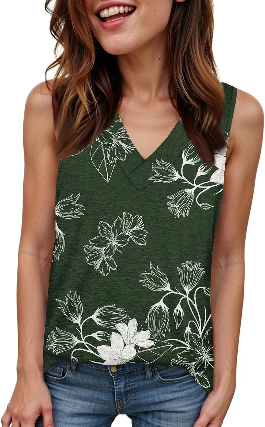 Tank Tops for Women Flowy Printed Tunic Tops V Neck Sleeveless Trendy Tank Tops Loose Fit Casual T Shirts