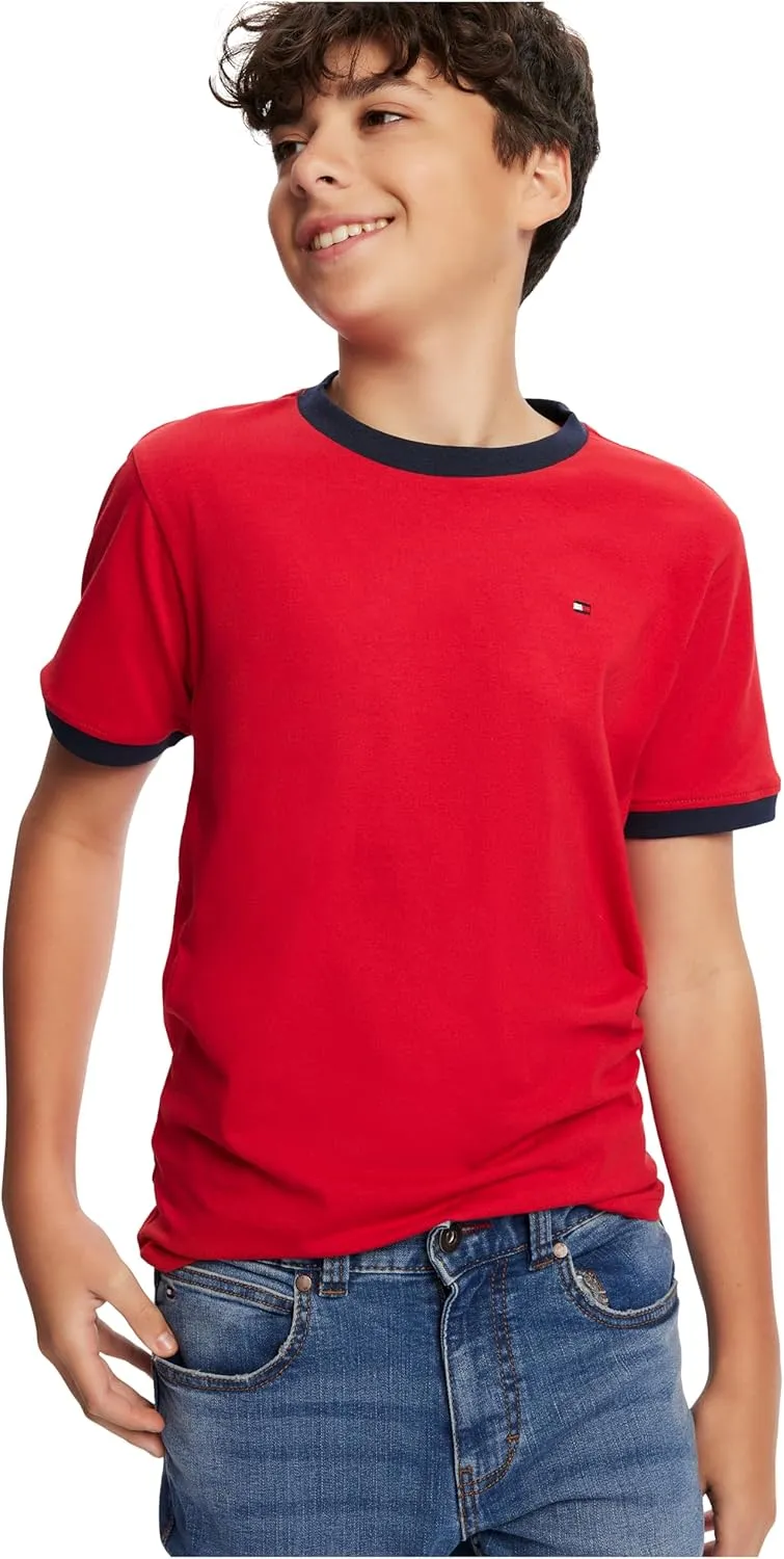 Tommy Hilfiger Boys' Short Sleeve Solid Ringer Crew Neck T-Shirt, Soft, Comfortable, Relaxed Fit