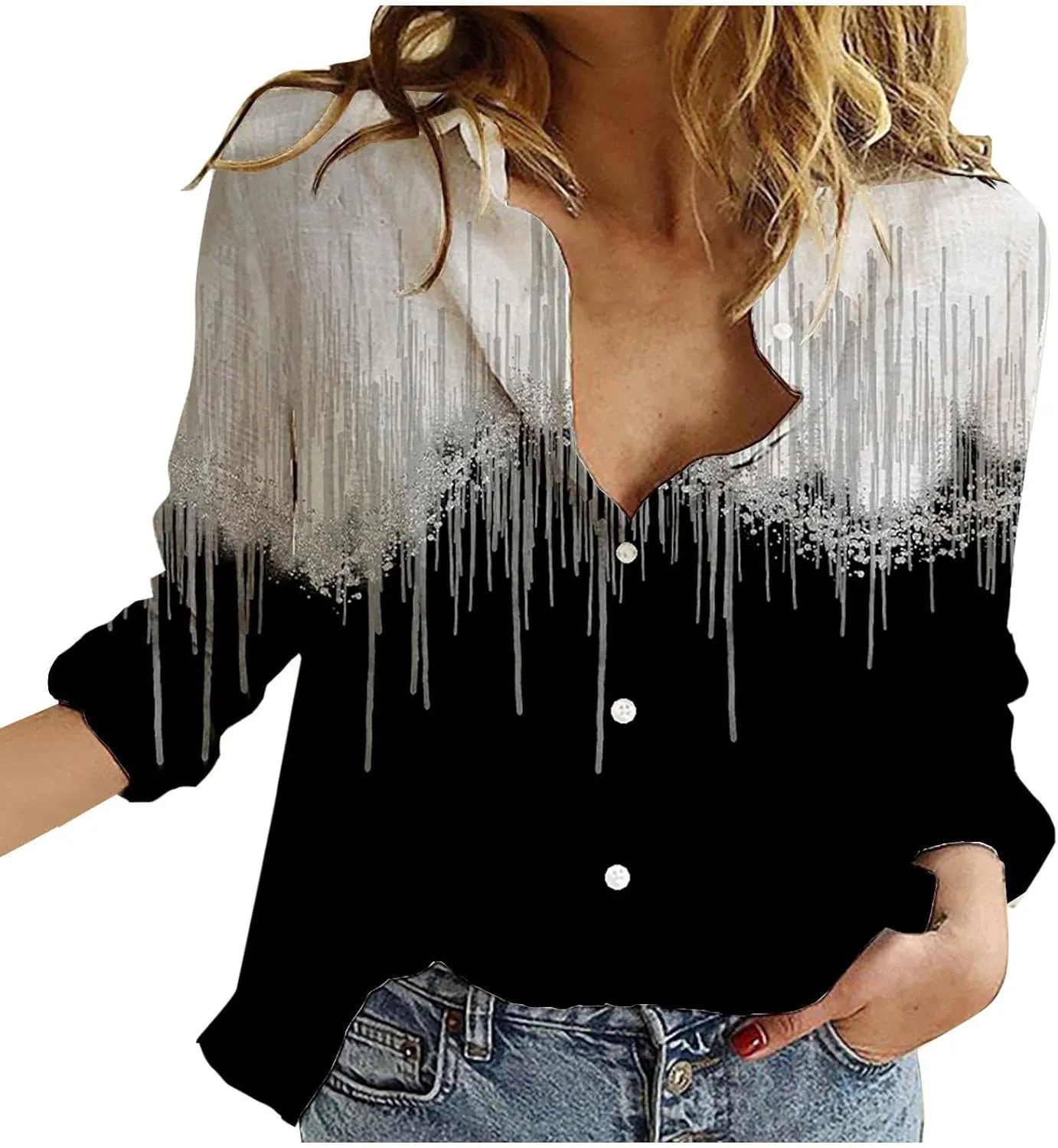 Tops for Women Lapel V Neck Mushroom Print Shirts Summer Cotton Linen Tees Shirts Long Sleeve Button Down Blouses