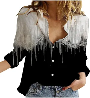 Tops for Women Lapel V Neck Mushroom Print Shirts Summer Cotton Linen Tees Shirts Long Sleeve Button Down Blouses