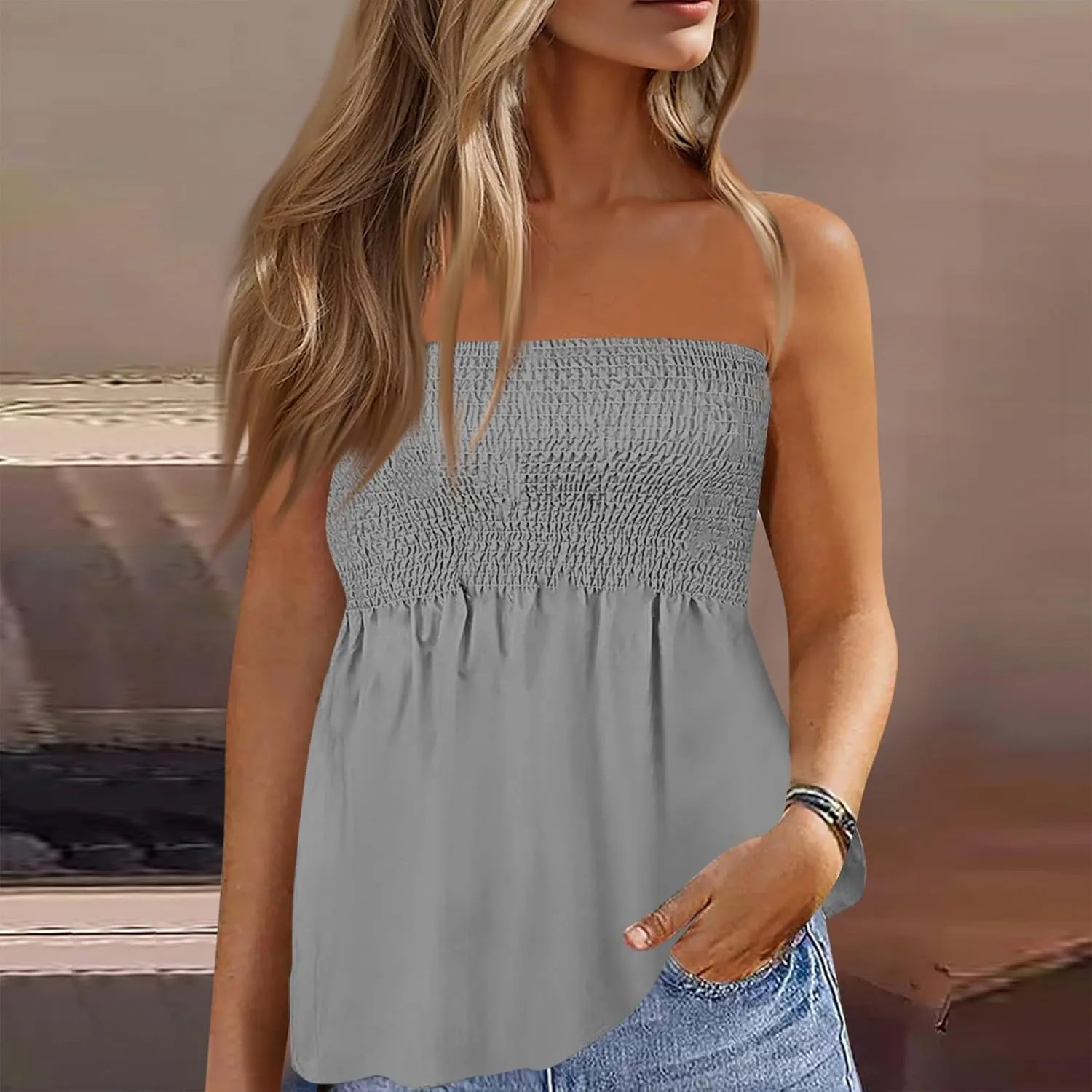 Tube Tops Women Elastic Trim Strapless Shirts Summer Casual Bandeau Tank Off The Shoulder Top Going Out Tunic