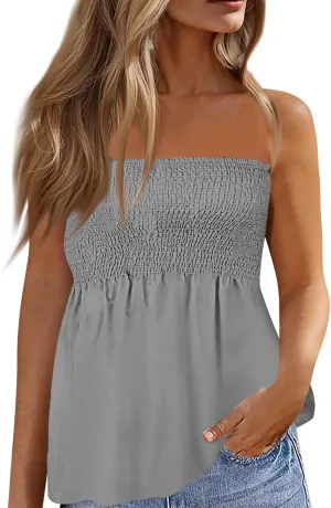 Tube Tops Women Elastic Trim Strapless Shirts Summer Casual Bandeau Tank Off The Shoulder Top Going Out Tunic