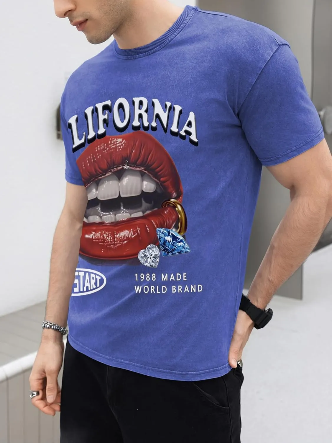 WDIRARA Men's Y2k Lip Graphic Print Tees Vintage Hipster Hip Hop Crew Neck T-Shirt Streetwear Top