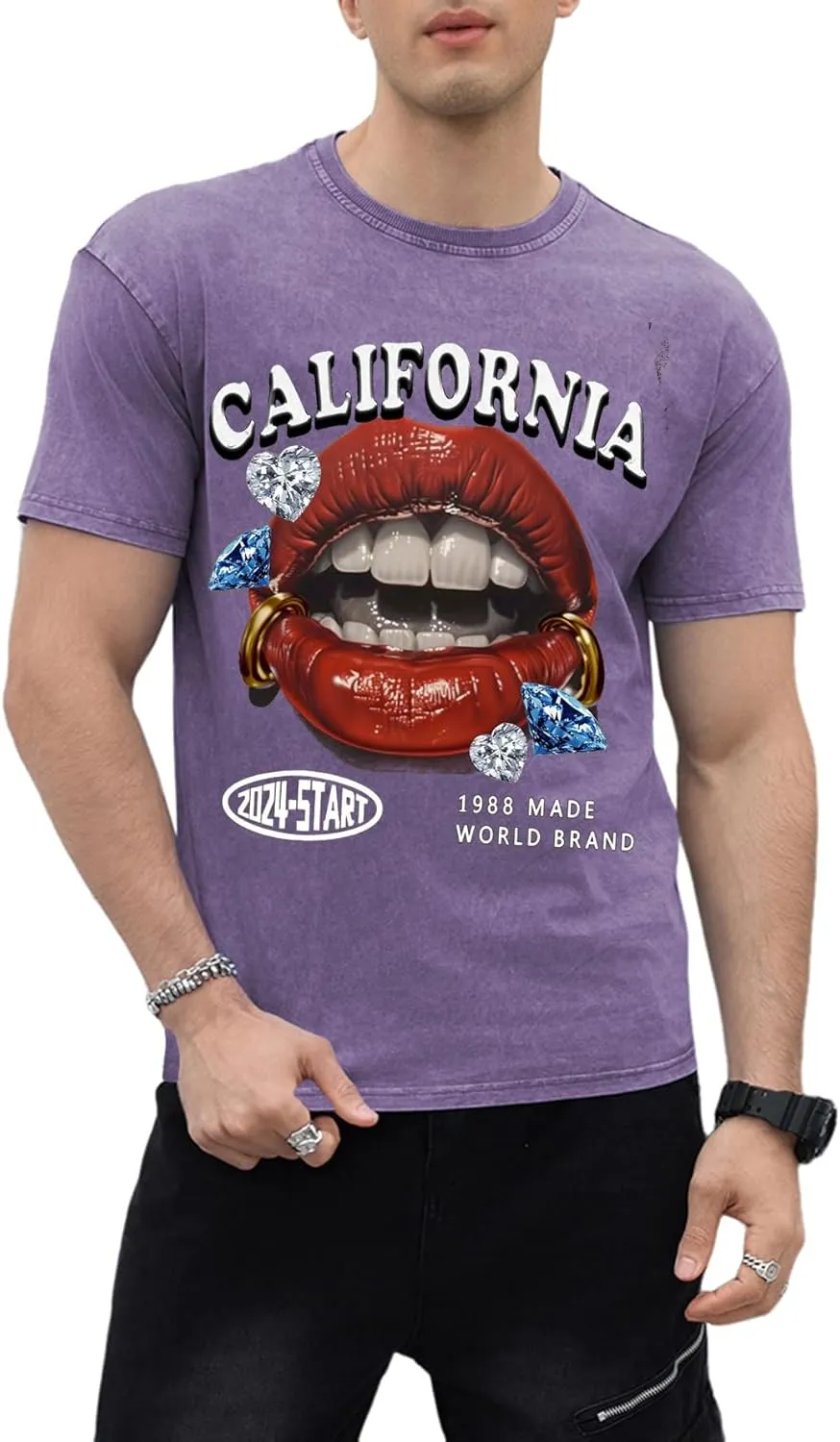 WDIRARA Men's Y2k Lip Graphic Print Tees Vintage Hipster Hip Hop Crew Neck T-Shirt Streetwear Top