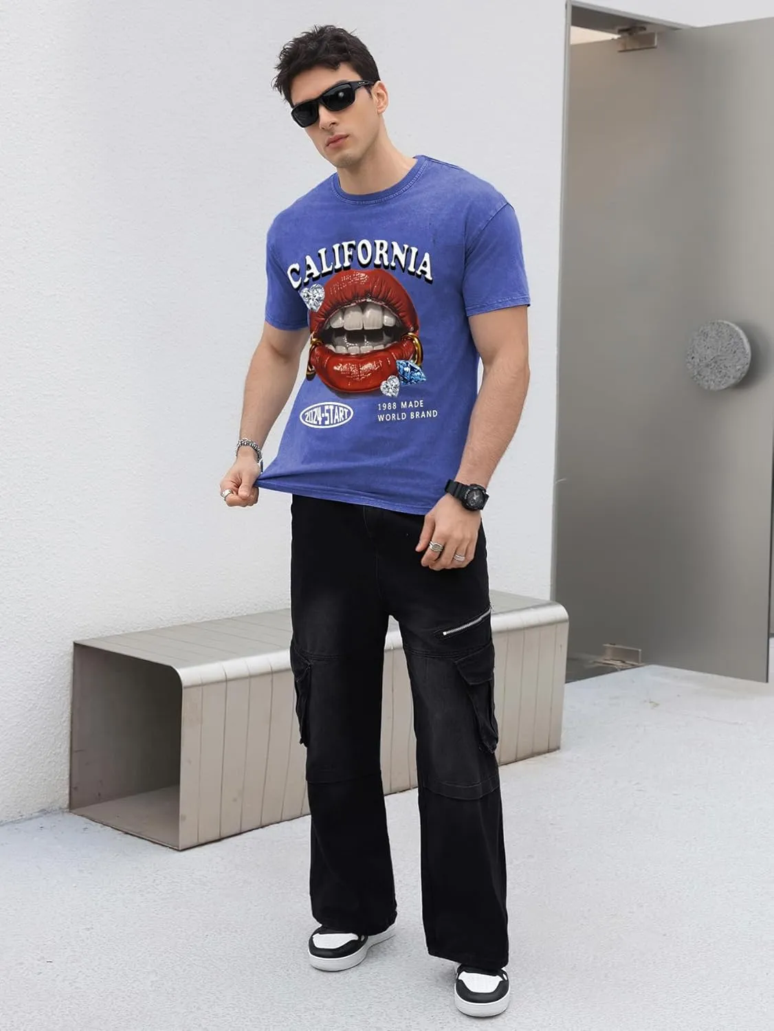 WDIRARA Men's Y2k Lip Graphic Print Tees Vintage Hipster Hip Hop Crew Neck T-Shirt Streetwear Top