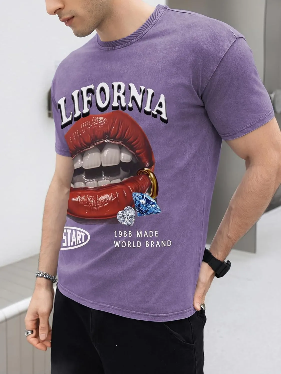 WDIRARA Men's Y2k Lip Graphic Print Tees Vintage Hipster Hip Hop Crew Neck T-Shirt Streetwear Top