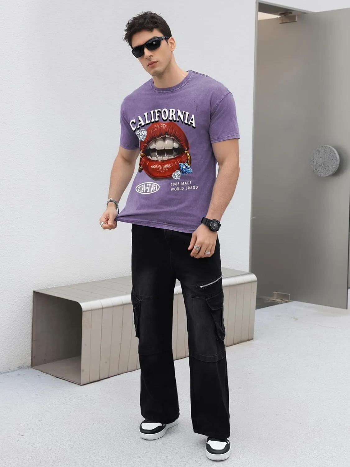 WDIRARA Men's Y2k Lip Graphic Print Tees Vintage Hipster Hip Hop Crew Neck T-Shirt Streetwear Top
