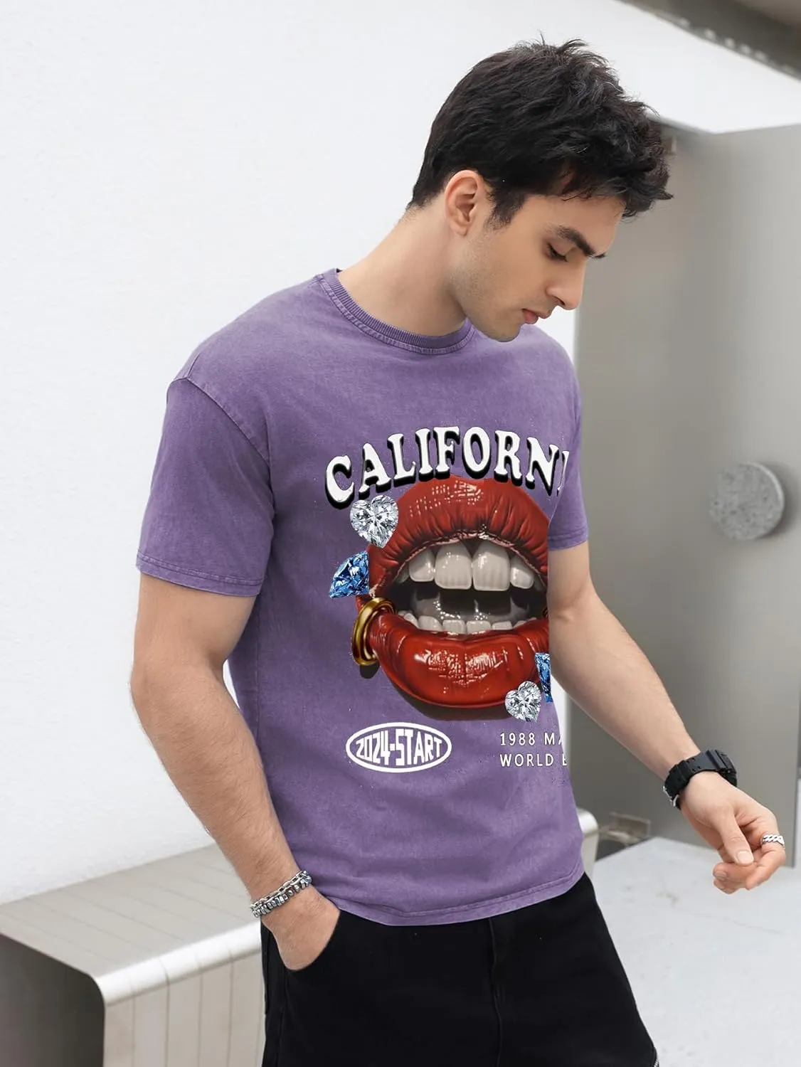 WDIRARA Men's Y2k Lip Graphic Print Tees Vintage Hipster Hip Hop Crew Neck T-Shirt Streetwear Top